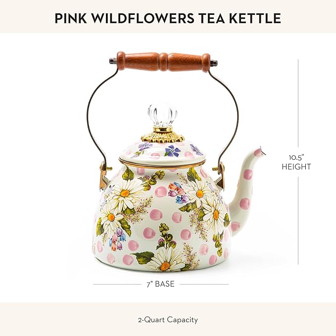 MACKENZIE-CHILDS Enamel Tea Kettle, Cute Kitchen Kettle for Stovetop, 2-Quart Capacity, Pink Wildflowers