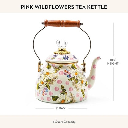 MACKENZIE-CHILDS Enamel Tea Kettle, Cute Kitchen Kettle for Stovetop, 2-Quart Capacity, Pink Wildflowers