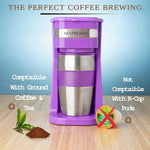 Load image into Gallery viewer, Mixpresso Purple Personal Single Serve Coffee Maker with 14oz Travel Mug, Drip Small Coffee Maker with Auto Shut Off, Reusable Filter, Works with Ground Coffee Only – Not for K-Cup Pods
