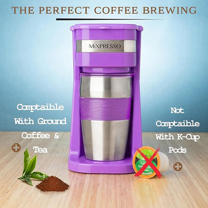Mixpresso Purple Personal Single Serve Coffee Maker with 14oz Travel Mug, Drip Small Coffee Maker with Auto Shut Off, Reusable Filter, Works with Ground Coffee Only – Not for K-Cup Pods