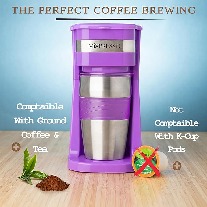 Mixpresso Purple Personal Single Serve Coffee Maker with 14oz Travel Mug, Drip Small Coffee Maker with Auto Shut Off, Reusable Filter, Works with Ground Coffee Only – Not for K-Cup Pods