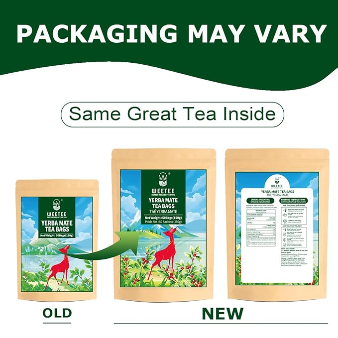 WT WEETEE Yerba Mate Tea Bag, Unsmoked Yerba Mate 50 Teabags From Argentina, Rich In Antioxidants, Plant Nutrients, Perfect Coffee Replacement