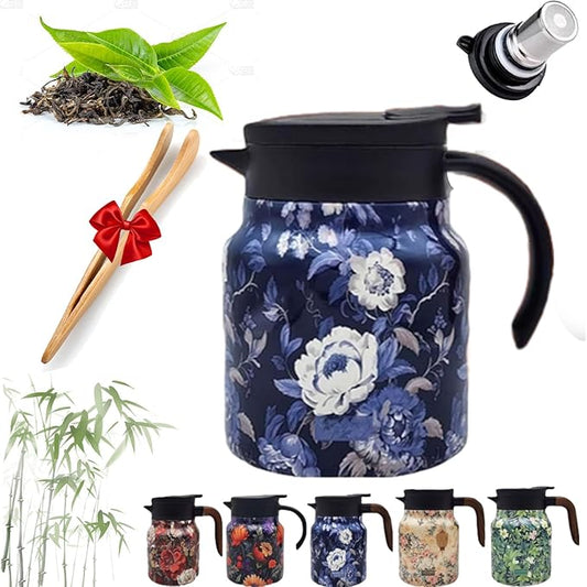 Infinite Tea Pot with Infuser, 316 Stainless Steel Infinite Vintage Floral Pattern Teapot Built-In Infuser, One-Handed Pour, Detachable Infinity Tea Pot Kettle for loose tea (Blue plastic, 35Oz)