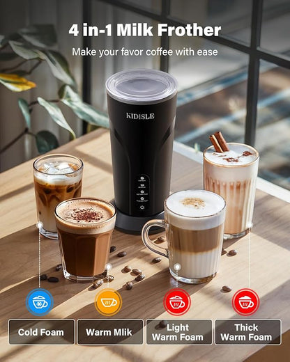 4-in-1 Electric Milk Frother and Steamer, Milk Steamer and Cold Foam Maker, Hot Chocolate Maker, Frother for Coffee, Latte, Macchiato, Cappuccino, BPA Free, Black