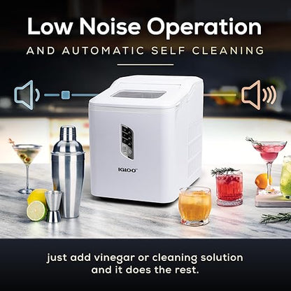 Igloo Automatic Portable Electric Countertop Ice Maker Machine, 26 Pounds in 24 Hours, 9 Cubes Ready in 7 Minutes, with Scoop and Basket, Perfect for Water Bottles, Mixed Drinks, Parties, White