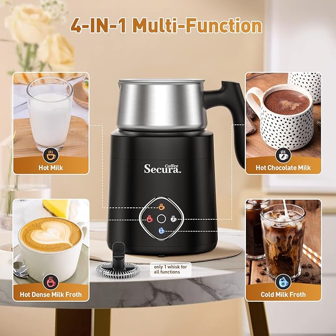 Milk Frother, 4-in-1 Electric Milk Steamer and Frother with Detachable Stainless Steel Jug - Automatic Hot/Cold Milk Warmer for Lattes, Hot Chocolate - Induction Heating, Dishwasher Safe
