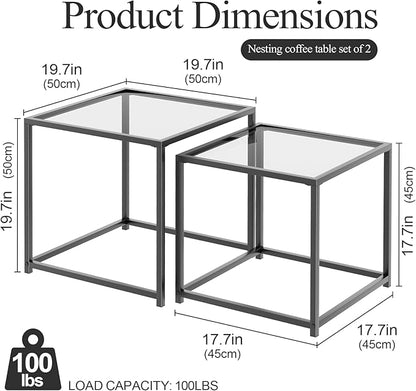 VILAWLENCE Coffee Table Set of 2, Modern Grey Patterned Glass Side Table, Metal Frame Square End Table, Center Tables Nesting Coffee Table for Living Room,Bedroom and Small Spaces