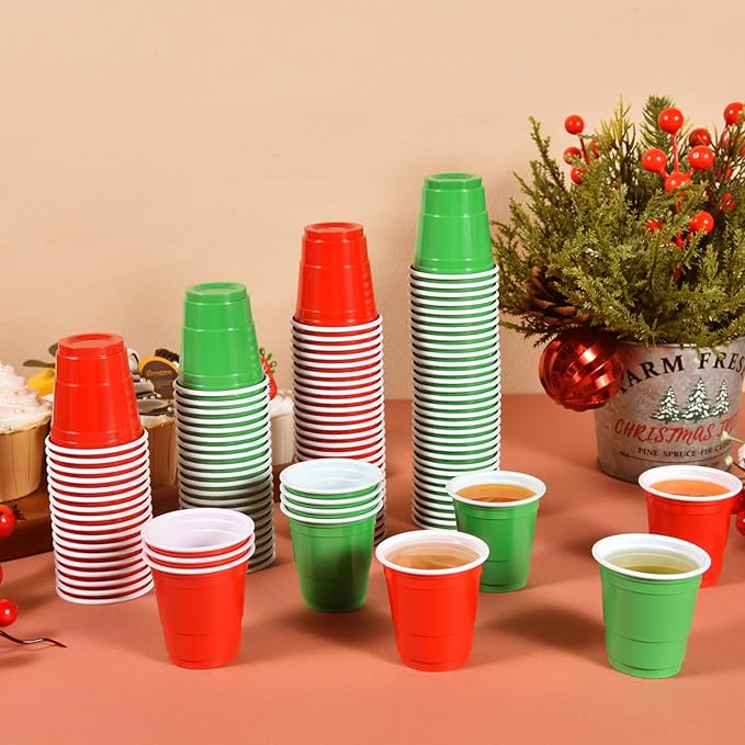 100 Pack 2 oz Plastic Shot Glasses Disposable Shot Cups, Mini 2oz Party Cups for Christmas, Birthday, Wedding, Bachelorette Party, Baby Shower Supplies (Red, Green)