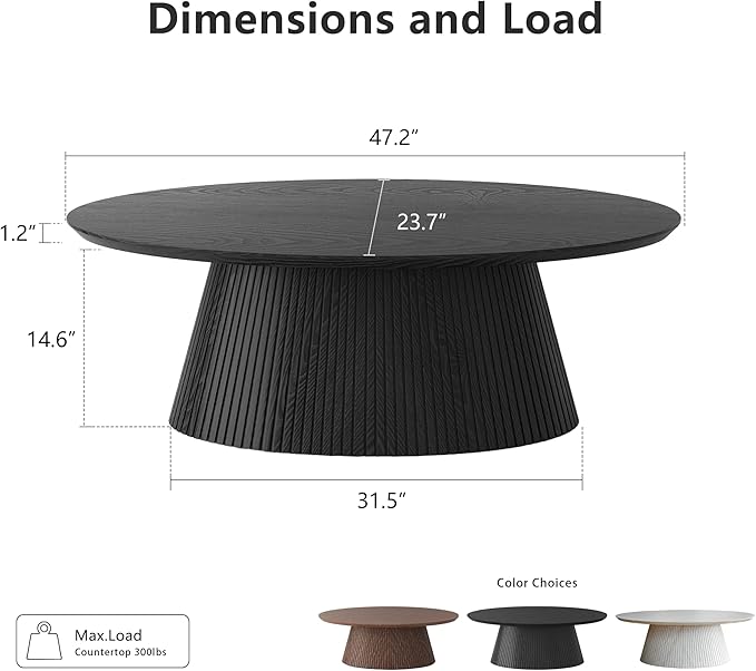 win2win Oval Coffee Table, Modern Coffee Table with Fluted Design, Minimalist Tea Table with Wood Grain Veneer, Small Funky Center Table for Living Room, Apartment, Office, Black