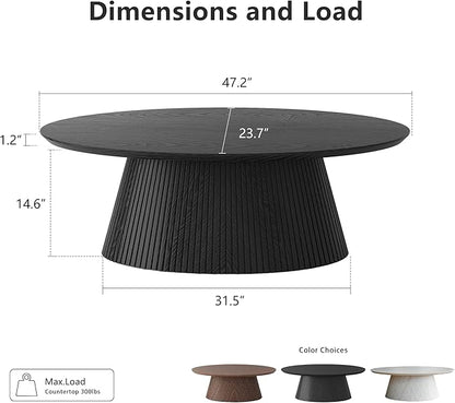 win2win Oval Coffee Table, Modern Coffee Table with Fluted Design, Minimalist Tea Table with Wood Grain Veneer, Small Funky Center Table for Living Room, Apartment, Office, Black