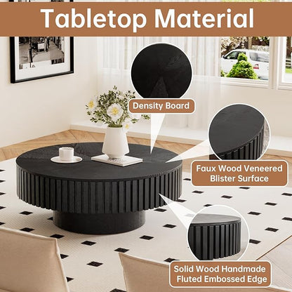 Round Coffee Table with Storage 31.4" Modern Black Fluted Coffee Table Low Round Storage Drum Pedestal Coffee Tables for Living Room Farmhouse (Black A 31.4in)