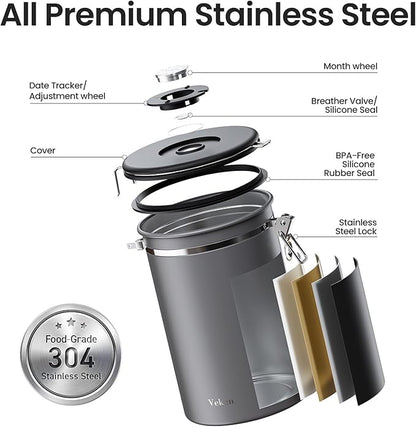 Veken Coffee Canister, 39OZ Large, Airtight Stainless Steel Food Storage Container for 2.2lbs Coffee Beans, Ground, Sugar, Tea, Flour, Cereal, Kitchen Bar Accessories with Date Tracker & Scoop, Gray