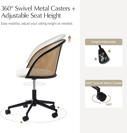 HULALA HOME Rattan Home Office Desk Chair with Curved Backrest, Caster Wheels, Height Adjustable, Accent Task Computer Chair for Home Work, Conference, Dining Room, White