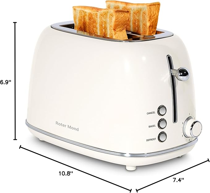 Roter Mond 2 Slice Toaster Retro Stainless Steel with Bagel, Cancel, and Defrost Functions, 6 Bread Shade Settings, Extra Wide Slots and Removable Crumb Tray, Cream