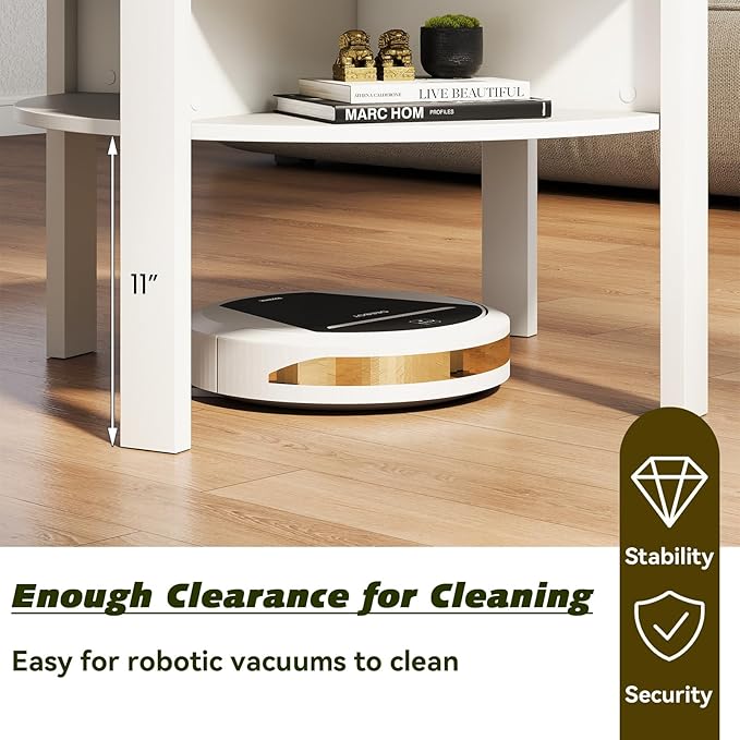 Giantex Round Coffee Table, 2-Tier Mid Century Modern Tea Cocktail Table with Storage Shelves & 4 Side Compartments, Wood Center Table for Living Room, Small Spaces (White)