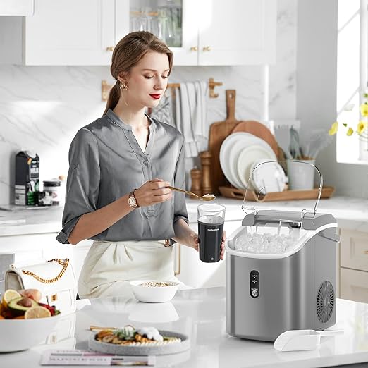 Nugget Ice Maker Countertop with Self-Cleaning Function, Sonic Ice Maker Machine with Handle, 35lbs/Day, Compact Design for Home/Office Use(Grey)