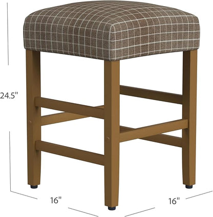 HomePop Home Decor |Classic Open-Back Counter Height Barstool| Square 24 Inch Bar Stools with Domed Cushion, Brown Window Pane Print