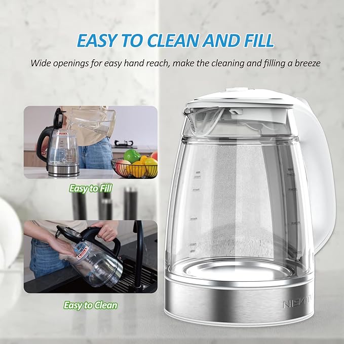 Glass & Stainless Steel Cordless Electric kettle for boiling water, Hot water boiler Electric Tea Kettle automatic shut off Boil-Dry Protection, PC Outer + Glass Inner, 1500W, 1.7L, WH