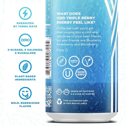 Yerbaé Energy Beverage - Iced Triple Berry, 0 Sugar, 0 Calories, 0 Carbs, Energized by Yerba Mate. Yerbae is a Plant-Based, Healthy Alternative to Sugary Energy Drinks, 16oz cans (12 Pack)