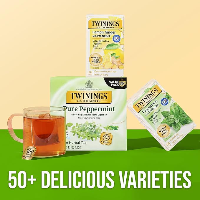 Twinings Superblends Probiotics+ Peppermint & Fennel Herbal Tea, 250 Million CFUs per Cup, 18 Tea Bags (Pack of 2), Naturally Caffeine-Free, Enjoy Hot or Iced