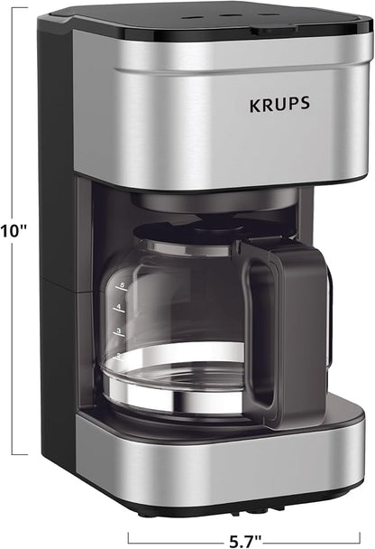 Krups Simply Brew Stainless Steel Drip Coffee Maker 5 Cup, Keep Warm Function, Reusable coffee filter, Ultra Compact 650 Watts Coffee Filter, Drip Free, Dishwasher Safe Pot, Silver and Black