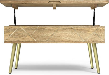 SIMPLIHOME Jager Lift Top Coffee Table - 36 inch Wide Solid Mango Wood Contemporary Modern Cocktail Table in Natural, Stylish Living Room Table with Hidden Storage, Brass Inlay, and Gold Metal Legs