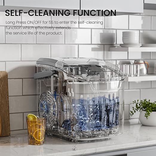 Kismile Ice Makers Countertop with Handle,8 Cubes in 6 Mins,Portable Ice Maker Machine with Self-Cleaning for Home/Office(Grey)