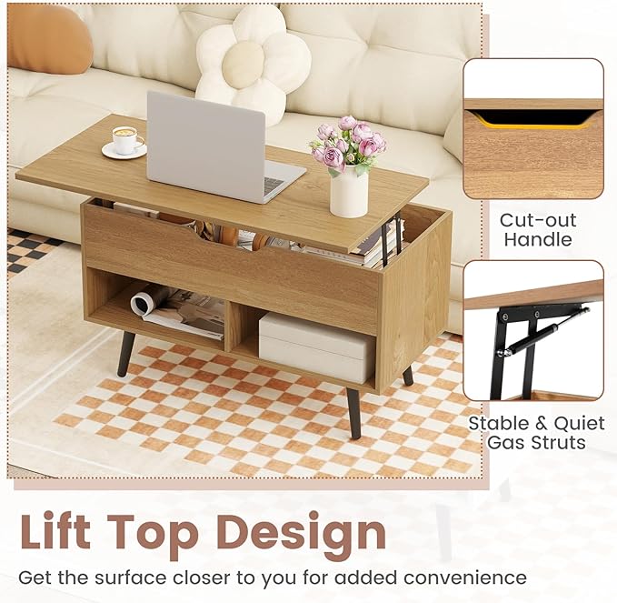 Tangkula Lift Top Coffee Table, Modern Cocktail Table with Hidden Compartment & 2 Open Shelves, Flip Top Center Table, Wooden Pull up Coffee Table for Living Room, Reception Room, Office (Natural)