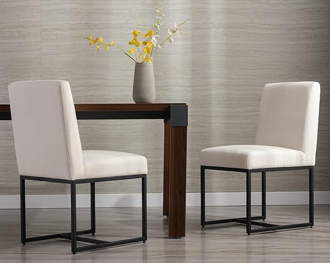 CIMOTA Modern Linen Dining Chair Set of 2, Mid Century Dining Room Chairs Fabric Upholstered Armless Side Chair with Black Sled Base for Dining Room, White Cream 2PCS
