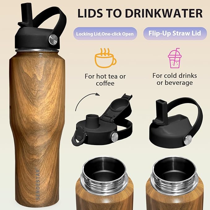 SENDESTAR 40oz Stainless Steel Water Bottle(Cold for 48 Hrs, Hot for 24 Hrs),Double Wall Vacuum Insulated Bottle with Straw Lid, Spout Lid and Flex Cap, Fit in Any Car Cup Holder TXIN-40-Wood