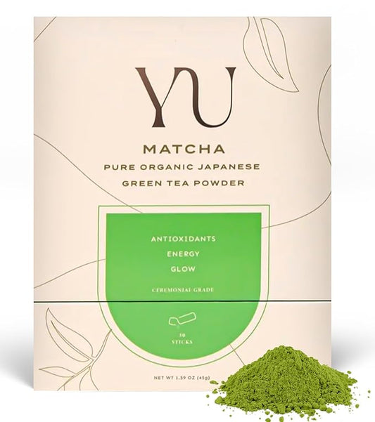 Yu Tea Organic Ceremonial Grade Matcha Powder, Instant Packets | Packed with Antioxidants, L-Theanine & Natural Caffeine | Unsweetened Grade A Japanese Matcha Powder | Single Serve Sticks, 30 Ct