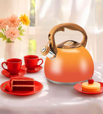 Tea Kettle Stovetop, 3.2Qt Stainless Steel Tea pots with Wood Grain Handle Food Grade Whistling Tea kettle,Induction/Gas Stoves (Orange-Red Gradient)
