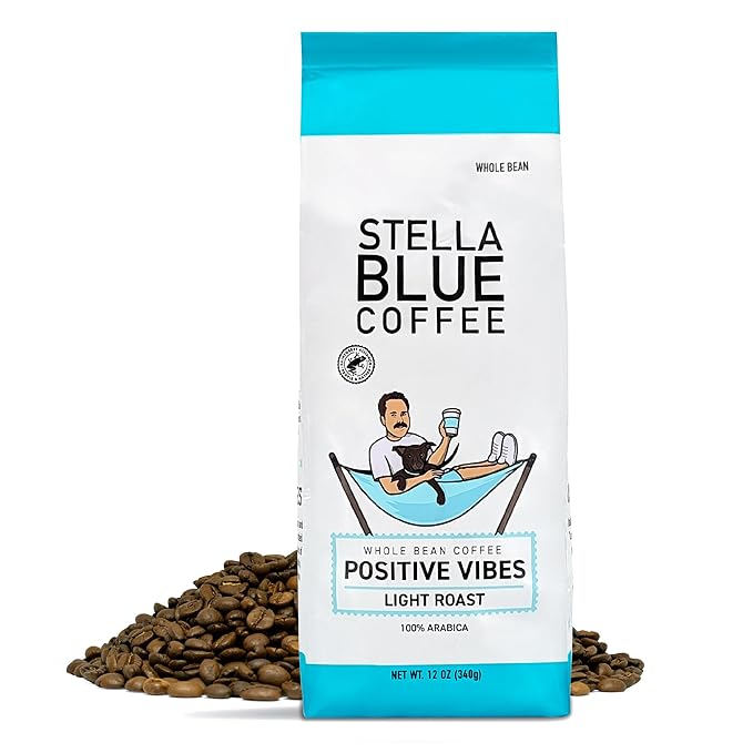 Stella Blue Whole Bean Coffee, Positive Vibes Blend, Light Roast Vanilla, Fruity Notes 100% Arabica Beans, Ethically Sourced from Central and South America, Smooth Balanced, 12oz Bag