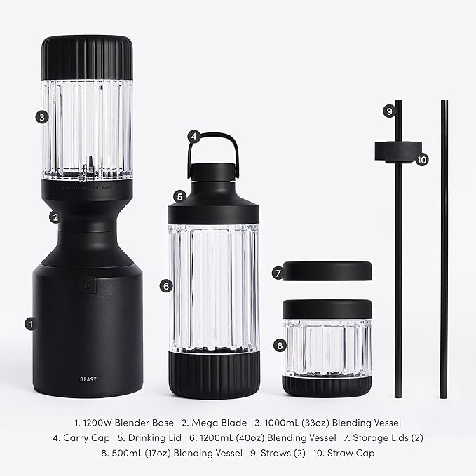 Beast Mega 1200 Plus | Premium Countertop Blender | Smoothies, Shakes, Sauces, Dips, Soups | Blends Ice and Frozen Fruit | XL Vessel | With Extra Vessels, Straw System | 1200W | (Carbon Black, 120V)