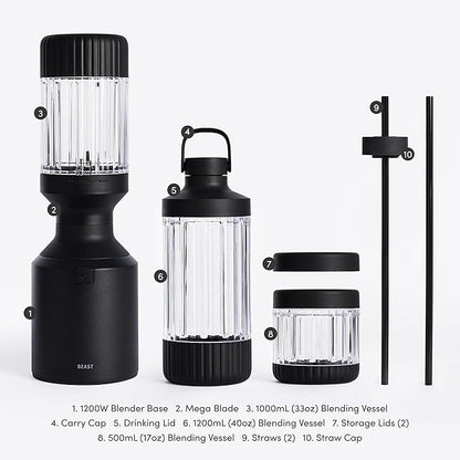 Beast Mega 1200 Plus | Premium Countertop Blender | Smoothies, Shakes, Sauces, Dips, Soups | Blends Ice and Frozen Fruit | XL Vessel | With Extra Vessels, Straw System | 1200W | (Carbon Black, 120V)