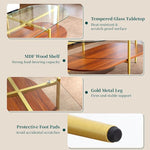 Load image into Gallery viewer, Glass and Wood Coffee Table, Mid Century Modern Design, Clear Glass Top, Solid Brown Storage MDF Shelf and Sturable Gold Legs for Small Space, Office, Department