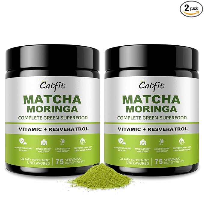 2 Pack Moringa Powder and Matcha Powder, 4 in 1 Superfood Blend with Green Tea and Resveratrol, for Energy, Immune, Digestion, and Antioxidant Support, Vegan, Gluten-Free, Moringa Supplement