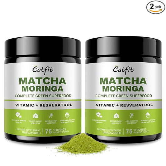 2 Pack Moringa Powder and Matcha Powder, 4 in 1 Superfood Blend with Green Tea and Resveratrol, for Energy, Immune, Digestion, and Antioxidant Support, Vegan, Gluten-Free, Moringa Supplement