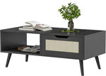 Load image into Gallery viewer, Black Rattan Coffee Table, Mid Century Modern with Drawer &amp; Shelf, 39'' Wooden Boho Coffee Table for Living Room