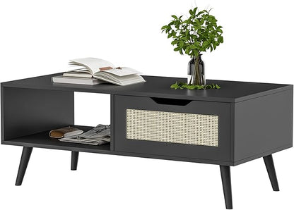Black Rattan Coffee Table, Mid Century Modern with Drawer & Shelf, 39'' Wooden Boho Coffee Table for Living Room