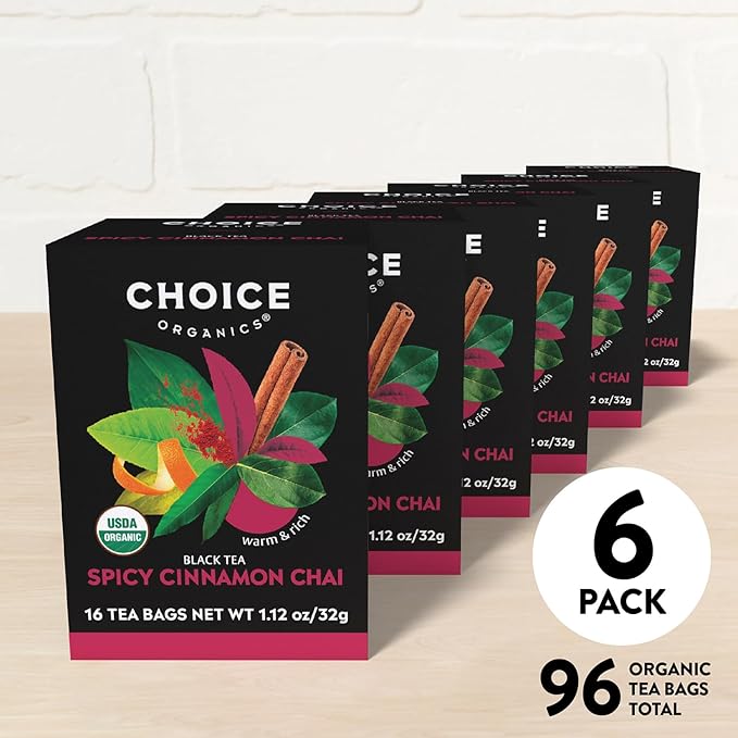 Choice Organics - Organic Spicy Cinnamon Chai Tea (6 Pack) - Rainforest Alliance - Contains Caffeine - 96 Organic Black Tea Bags