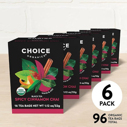 Choice Organics - Organic Spicy Cinnamon Chai Tea (6 Pack) - Rainforest Alliance - Contains Caffeine - 96 Organic Black Tea Bags