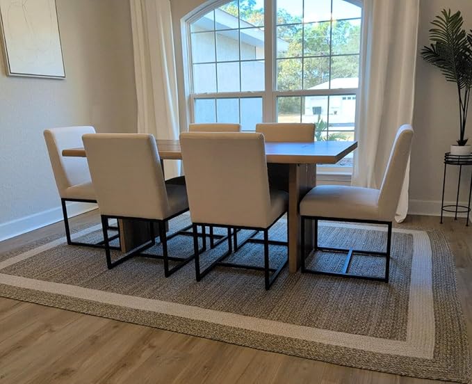 CIMOTA Modern Linen Dining Chair Set of 6, Mid Century Dining Room Chairs Fabric Upholstered Armless Side Chair with Black Sled Base for Dining Room, White Cream 6PCS