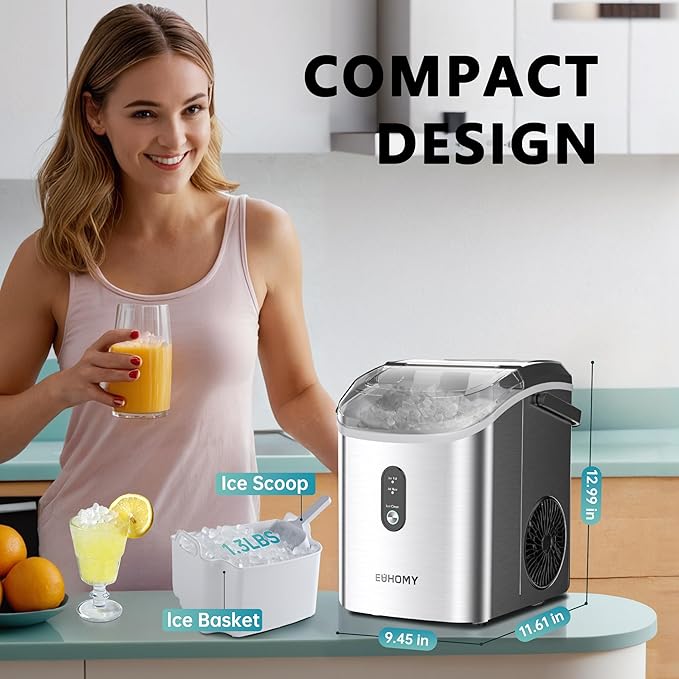 EUHOMY Nugget Ice Maker Countertop with Handle, Ready in 6 Mins, 34lbs Per Day, Removable Top Cover, Auto-Cleaning, Portable Sonic Ice Maker with Basket and Scoop, for Home/Party/RV/Camping (Silver)