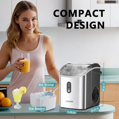 EUHOMY Nugget Ice Maker Countertop with Handle, Ready in 6 Mins, 34lbs Per Day, Removable Top Cover, Auto-Cleaning, Portable Sonic Ice Maker with Basket and Scoop, for Home/Party/RV/Camping (Silver)