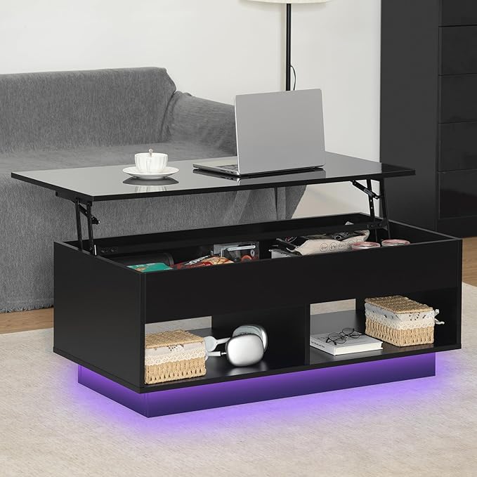 HOMMPA 40" Modern LED Coffee Table with Storage for Living Room, Lift Top Coffee Table with 2 Shelves, High Glossy Wooden Dining Table, Multifunctional Furniture for Bedroom Home Office, Black
