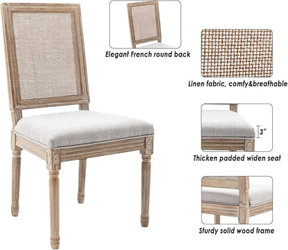 CIMOTA Farmhouse Dining Chairs Set of 2, French Rattan Dining Room Chairs with Rectangle Back/Distressed Wood Upholstered Vintage Side Chairs for Kitchen/Restaurant, Grey/2PCS