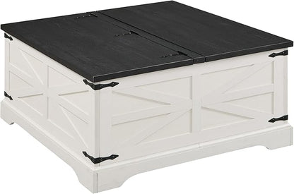 JXQTLINGMU Farmhouse Lift Top Coffee Table with Storage, 36" Wood Square Center Table with Large Hidden Compartment, Rustic Lift Tabletop Dining Table for Home Living Room, White