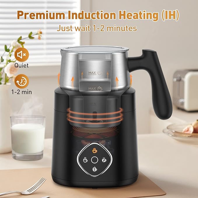 Milk Frother, 4-in-1 Electric Milk Steamer and Frother with Detachable Stainless Steel Jug - Automatic Hot/Cold Milk Warmer for Lattes, Hot Chocolate - Induction Heating, Dishwasher Safe
