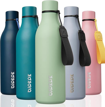 BJPKPK Insulated Water Bottles, 25 oz Stainless Steel Metal Water Bottle with Strap, BPA Free Leak Proof Jugs, Mugs, Flasks, Reusable Thermal Flasks for Sports & Travel, Macaron Green